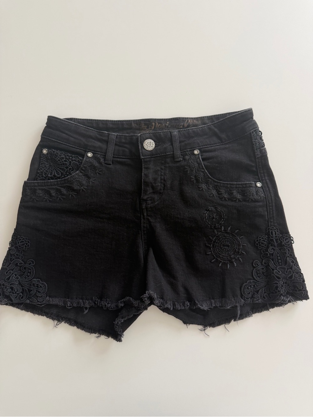 Desigual Black Embroidered Fringe Hem Jean Shorts